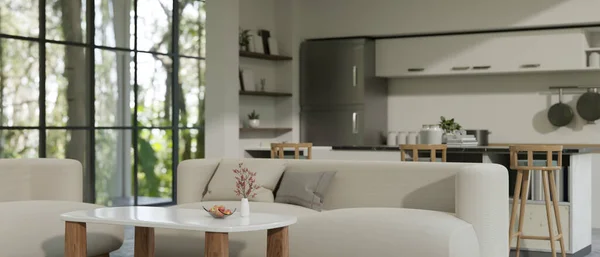 快適なソファ コーヒーテーブル キッチン調理スペース付きのモダンなリビングルームのインテリアデザイン 3Dレンダリング 3Dイラスト — ストック写真