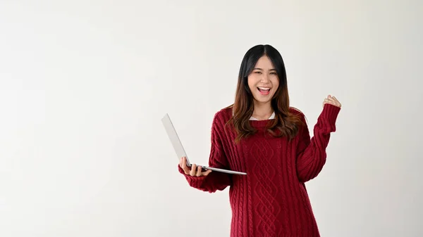 Positive Attractive Young Asian Female Cozy Red Sweater Standing Isolated — Stock Photo, Image