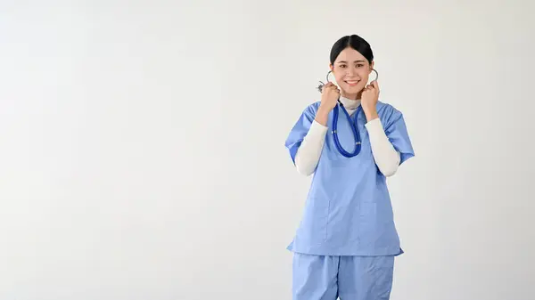 Attractive Charming Young Asian Female Doctor Medical Worker Scrubs Stands — Stock Photo, Image