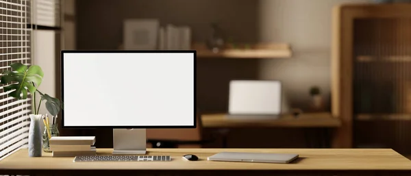 A computer white screen mockup is on a wooden working table in an office room with minimal woody style. close-up image. 3d render, 3d illustration