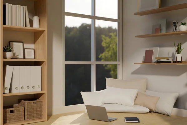 リビングルームには 家の装飾によって床に快適な枕があり 最小限で快適なリラクゼーションスペースのインテリアデザイン 3Dレンダリング 3Dイラスト — ストック写真