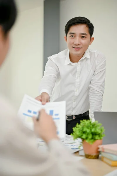 Portrait Handsome Professional Asian Male Boss Handing Financial Report His — Stock Photo, Image
