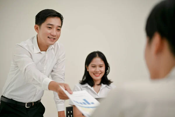 Happy Professional Asian Businessman Male Boss Handing Financial Report His — Stock Photo, Image