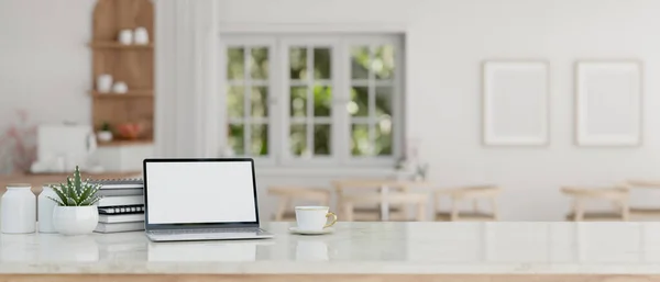 stock image Close-up image of a workspace with laptop white screen mockup, decor, and copy space on a tabletop in a minimal white cafe. 3d render, 3d illustration