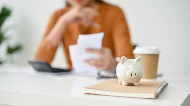 Aylık giderlerini planlayan bir kadınla bir masanın üzerindeki kumbaranın yakın plan görüntüsü. Masraflar, tasarruf, bütçe, gelir, ev kredisi. Odaklanmamış resim