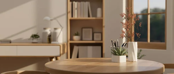 白と木製のスタイルでミニマリストのホームオフィスで装飾と木製の丸いテーブルの上に製品表示のためのスペースをコピーします 3Dレンダリング 3Dイラスト — ストック写真