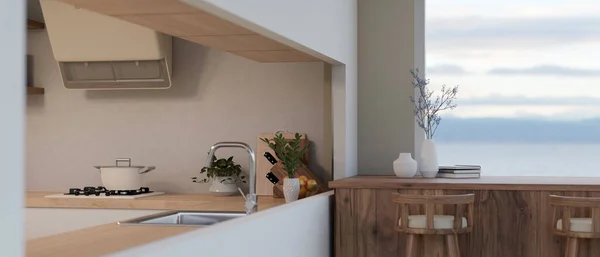 Inredning Ett Modernt Minimalistiskt Kök Med Träbänkbord Trägolv Matplats Med — Stockfoto