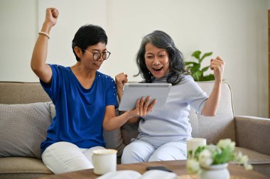 İki neşeli ve neşeli orta yaşlı bayan kankamız birlikte oturma odasında dinlenirken internetten bir piyango çizimi izliyorlar..