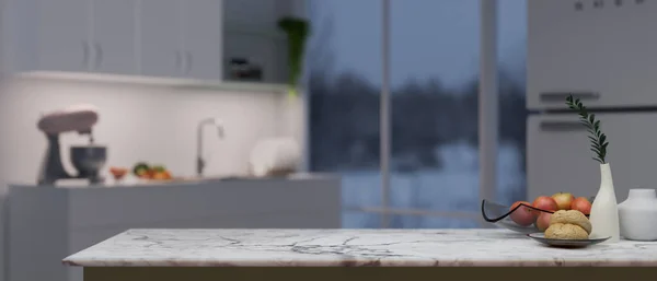 現代的な白いキッチンで装飾と白い大理石のキッチンカウンターの上にあなたの製品のディスプレイのためのコピースペースのクローズアップイメージ 背景がぼやけてる 3Dレンダリング 3Dイラスト — ストック写真