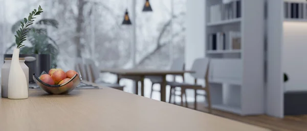現代的な白いキッチンで木製のテーブルの上に空のスペースのクローズアップイメージ 背景がぼやけてる 3Dレンダリング 3Dイラスト — ストック写真