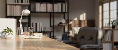 Modern ofis odasındaki ahşap bir masanın üzerinde boş bir mekanın yakın plan dikiz görüntüsü. 3d görüntüleme, 3d illüstrasyon