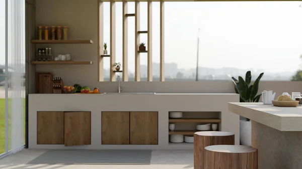 Design Interiores Uma Moderna Cozinha Contemporânea Com Ilha Cozinha Bancos — Fotografia de Stock