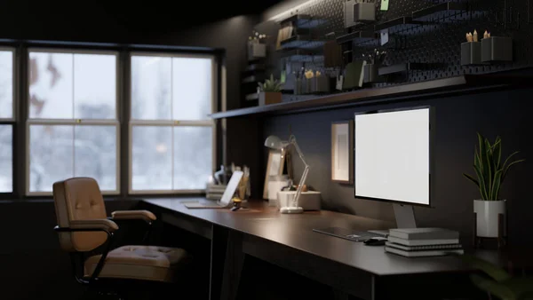 Interior Design Modern Dark Loft Home Office Computer Blank Screen — Stock Photo, Image