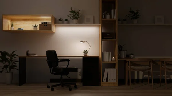 Innenarchitektur Eines Minimalistischen Skandinavischen Wohnzimmers Bei Nacht Mit Arbeitsplatz Essbereich — Stockfoto