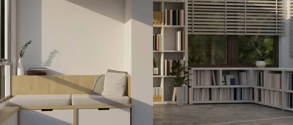 居心地の良いソファと窓に対する大きな低本棚と現代的で快適なリビングルームのインテリアデザイン 3Dレンダリング 3Dイラスト — ストック写真