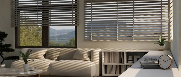 窓に面した居心地の良いソファ付きの美しい快適なリビングルームのインテリアデザイン 壁に対する低コーナー本棚 大理石のコーヒーテーブル 屋内植物 3Dレンダリング 3Dレンダリング — ストック写真