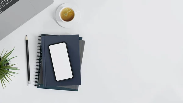 Draufsicht Auf Den Arbeitsplatz Mit Smartphone Attrappe Auf Notebooks Kaffeetasse — Stockfoto