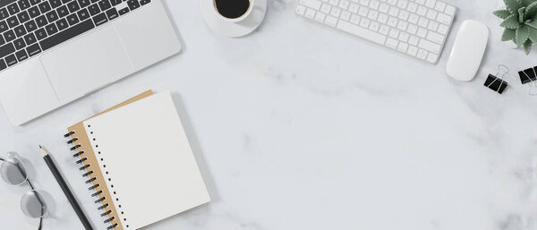 Top view of modern workspace with blank notebook, office supplies and copy space.3d render, 3d illustration 