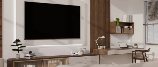 Duvarında Büyük Bir Televizyon Dekorasyonu Olan Modern Rahat Bir Oturma — Stok fotoğraf