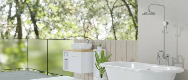 最小的现代化浴室与浴缸 淋浴头 水池在柜台上 自然景观 3D渲染 3D说明 — 图库照片