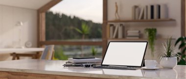 Minimum beyaz oturma odasında kırtasiye ve dekor ile beyaz bir masa üstünde kablosuz klavyesi olan dijital tablet beyaz ekran modeli. 3d görüntüleme, 3d illüstrasyon