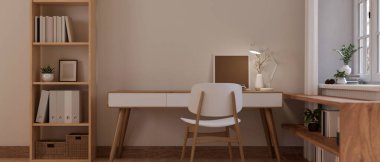 Çalışma masası, kitapları, kırtasiyesi 3D çizimi, 3D illüstrasyonu olan en az beyaz çalışma odası.