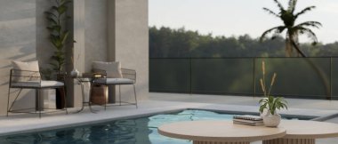 Yüzme havuzunun yanındaki ahşap sehpanın üzerinde boş bir alanın yakın plan görüntüsü. Yüzme havuzlu, modern, güzel bir ev dinlenme alanı. 3d görüntüleme, 3d illüstrasyon