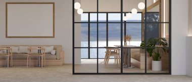 Güzel bir minimalist kafe ya da kafeteryanın iç dizaynı ahşap masalar ve sandalyeler, kanepe, şık kolye ışıkları, cam duvar ve kapalı alan bitkisi. 3d görüntüleme, 3d illüstrasyon