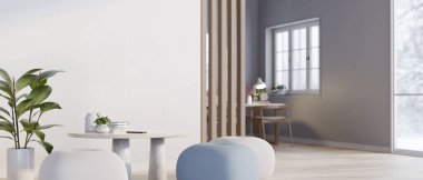 Minimum beyaz oturma odasının iç tasarımı. Puf, masa, iç mekan bitkisi ve dekorlu. 3d görüntüleme, 3d illüstrasyon