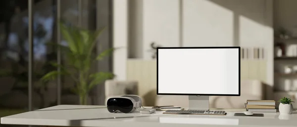 Modern Bir Ofis Masası Çalışma Alanı Bilgisayar Beyaz Ekran Maketi — Stok fotoğraf