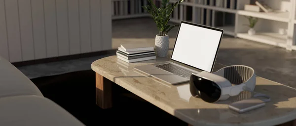 一个笔记本电脑空白屏幕模型 一个现代Vr护目镜 和配件在一个现代客厅的豪华大理石咖啡桌上 3D渲染 3D说明 — 图库照片