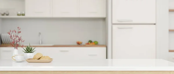 キッチン家電付きのモダンな白いキッチンの白いキッチンテーブルの上に製品表示のためのコピースペースのクローズアップイメージ 3Dレンダリング 3Dイラスト — ストック写真