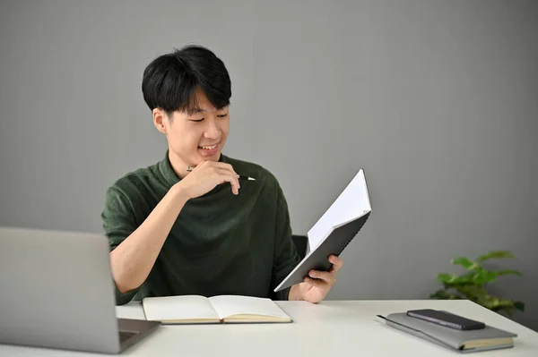 Handsome Smiling Young Asian Man Casual Clothes Checks His Meeting — Stock Photo, Image