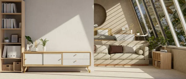 快適なソファ ベッド 最小限の白いテレビキャビネット 木製の棚 家の装飾と北欧と快適なベッドルームのインテリアデザイン 3Dレンダリング 3Dイラスト — ストック写真