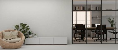 Hasır koltuklu modern bir şirket koridorunun iç tasarımı, beyaz duvara karşı minimum beyaz dolap ve modern bir toplantı odası. 3d görüntüleme, 3d illüstrasyon