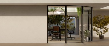 Modern bir şirket inşa koridorunun iç tasarımı. Beyaz bir duvarda boş bir alan, modern bir toplantı odası ve kapalı bir tesis. 3d görüntüleme, 3d illüstrasyon