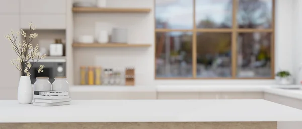 現代の白い台所の白い台所の卓上のプロダクト表示のためのスペースをコピーしなさい 背景がぼやけてる 3Dレンダリング 3Dイラスト — ストック写真