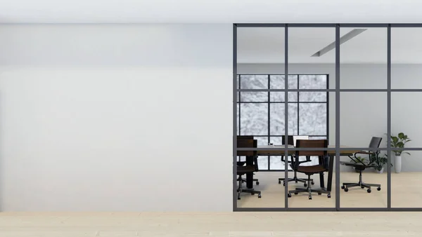 モダンな会議室付きの白いモックアップ壁を空にします モダンな役員室付きのオフィス廊下 3Dレンダリング 3Dイラスト — ストック写真