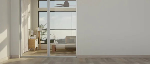 Interiérový Design Krásného Minimalistického Obývacího Pokoje Velkými Skleněnými Dveřmi Prázdným — Stock fotografie