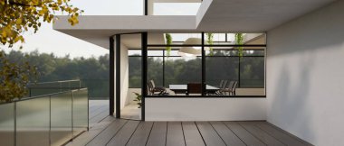 Modern bir toplantı odası aracılığıyla modern bir şirket binasının dış tasarımı. 3d görüntüleme, 3d illüstrasyon