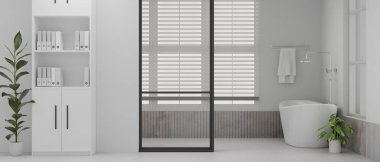 Lüks küveti, rafı, pencere perdeleri, iç mekan bitkisi ve dekorasyonu olan modern beyaz bir banyonun iç tasarımı. 3d görüntüleme, 3d illüstrasyon