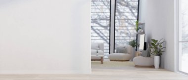 Beyaz duvarında boş bir maket alanı olan rahat ve minimalist bir apartman dairesinin iç tasarımı. 3d görüntüleme, 3d illüstrasyon