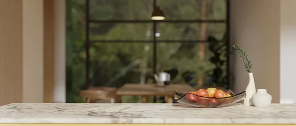 Äppelskål Minimala Keramiska Vaser Och Kopiera Utrymme Vit Marmor Köksbord — Stockfoto