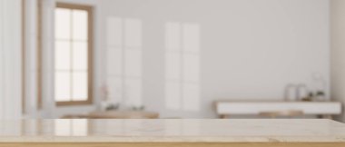 Arka plan olarak bulanık, minimal, beyaz oturma odası olan beyaz mermer bir masanın üstündeki ürün sunumunuz için boş bir alan. 3d görüntüleme, 3d illüstrasyon