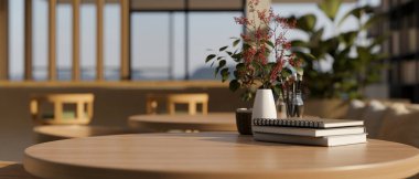 Ürün sergisi, kitaplar ve minimumda konforlu bir odada yuvarlak ahşap bir masanın üzerindeki vazo için fotokopi alanının yakın plan görüntüsü. 3d görüntüleme, 3d illüstrasyon