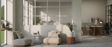 Rahat ve minimal ofis salonunun iç tasarımı rahat sandalyeler, kapalı mekan bitkileri ve dekorla dolu bir ofis binasında. 3d görüntüleme, 3d illüstrasyon