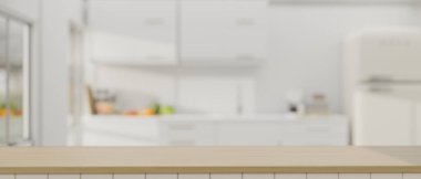 Arkaplan olarak parmaklıklı, minimal beyaz bir mutfağa karşı ahşap bir masanın üstündeki boş bir maketin yakın plan görüntüsü. 3d görüntüleme, 3d illüstrasyon