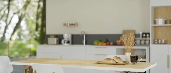 Närbild Ett Minimalt Vitt Matbord Trä Ett Modernt Minimalistiskt Kök — Stockfoto
