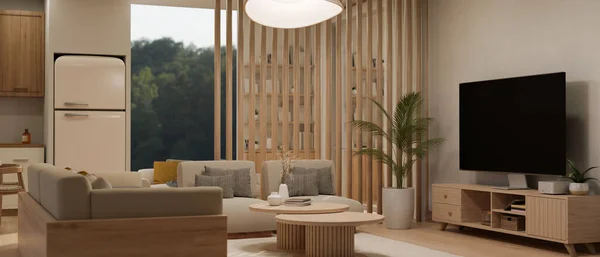Design Interiores Moderno Aconchegante Apartamento Sala Estar Com Armário Madeira — Fotografia de Stock