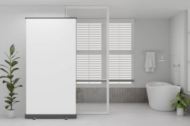 Modern beyaz ve temiz bir banyoda yerde duran boş bir poster. 3d görüntüleme, 3d illüstrasyon